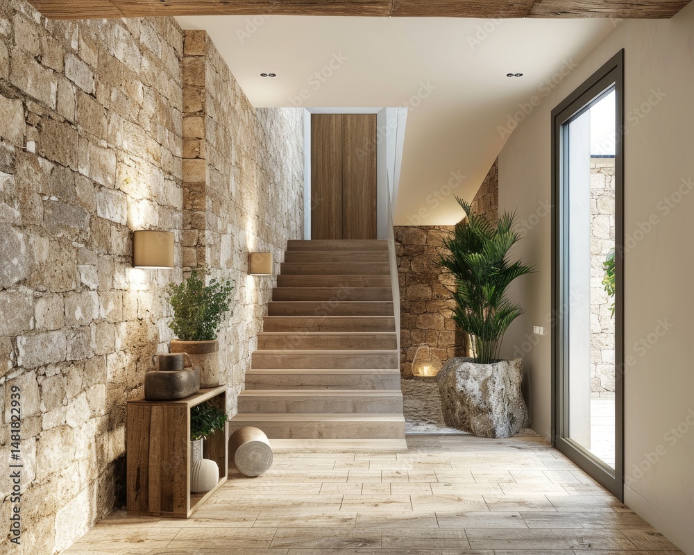 Modern home entryway with stone walls and wooden stairs