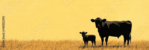 Cow and calf silhouette graphic: simple shapes in field background