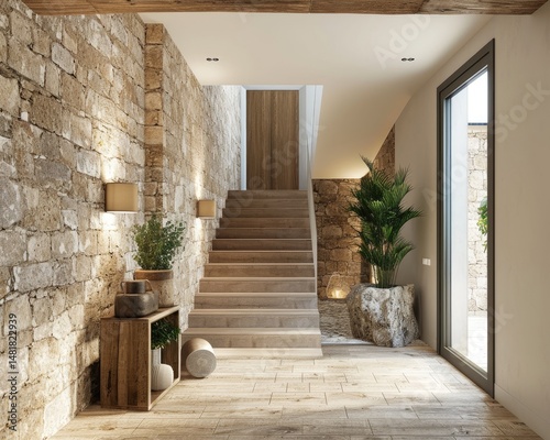 Obraz na płótnie Modern home entryway with stone walls and wooden stairs w salonie