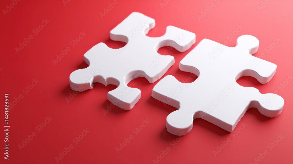 Obraz premium Two white puzzle pieces almost joined, resting on a vibrant red surface