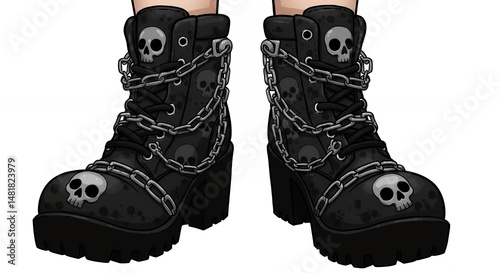 Black combat boots with skull and chain design