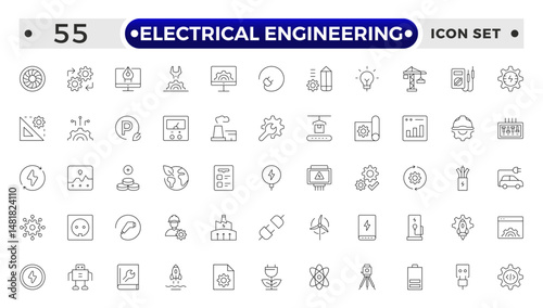 Electrical Engineering outline Icons set. Vector illustration in modern thin line style of technologies related icons: blueprint, engineer, manufacturing, and more.