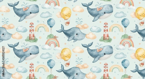 Watercolor Whale Seamless P...
