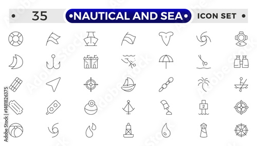 Nautical and sea web icons in outline style. thin line icons such as wind rose, oars, suroard, marine, double bait, buoy, submarine facing right, caravel, Smeaton's tower, old galleon.