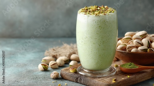 Pistachio milkshake diet protein boost Creamy pistachio drink with nuts beside it on a textured surface.