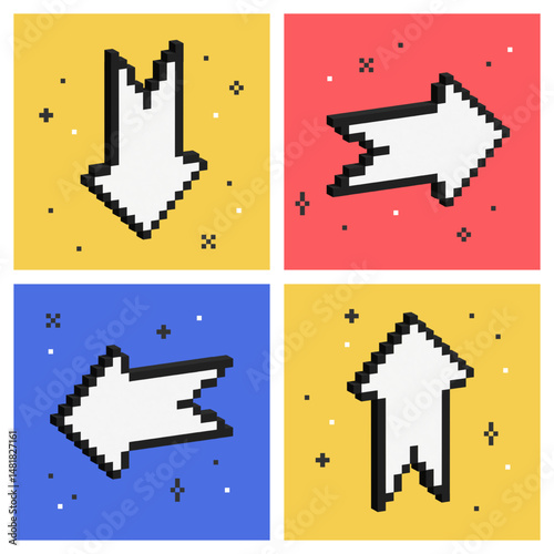Volumetric pixel pointers set. 8 bit isometric arrows. 3D signs for 4 cardinal directions. Directional symbols in y2k design
