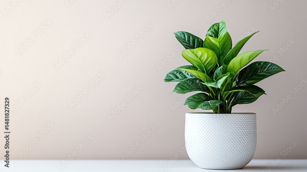Fototapeta premium A single houseplant sits in a white ceramic pot against a plain white background.