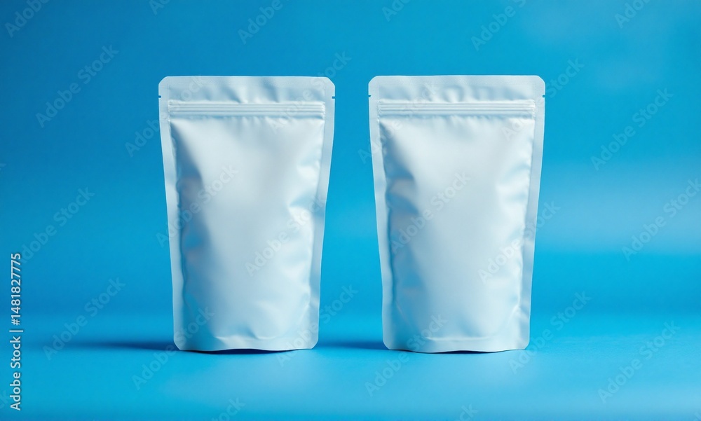 Two white standing pouch on a blue studio background. Clean and commercial setup ideal for packaging mockups or food branding use. Two white standing pouch on a blue studio background. Clean and commercial setup ideal for packaging mockups or food branding use.