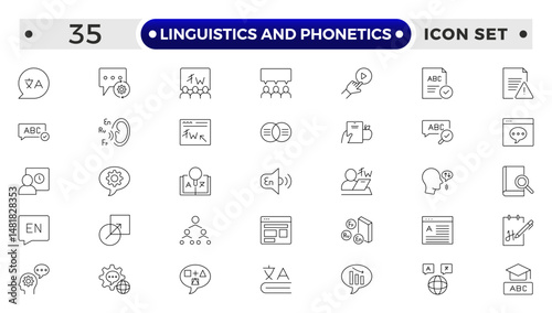 linguistics and phonetics outline icon set with language, phonetic, phonology, morphology, syntax, semantic, pragmatic, cognitive, grammar, neural linguistic, computational, parsing, and descriptive.