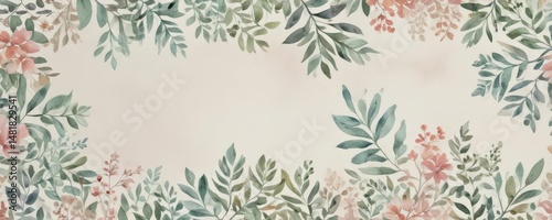 Miniature watercolor card; pastel leaves, subtle floral pattern, paper, brushstrokes