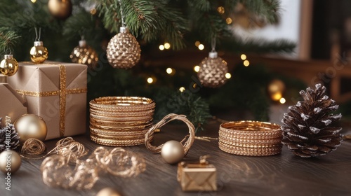 Elegant Christmas Decorations with Wrapped Gifts and Gold Colored Festive Ornaments