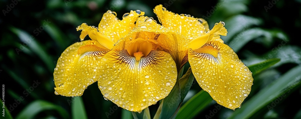 Fototapeta premium Stunning Yellow Iris Flower with Dew Drops Nature's Beauty