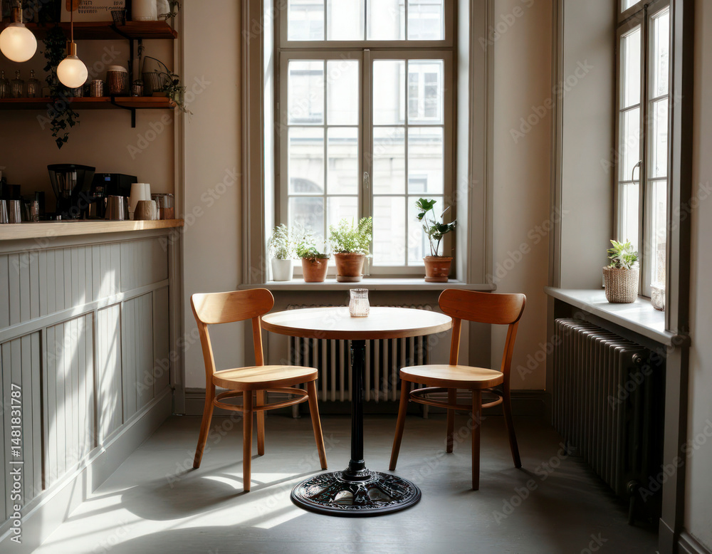 Fototapeta premium Empty Cozy Cafe Table with Natural Light and Scandinavian Design
