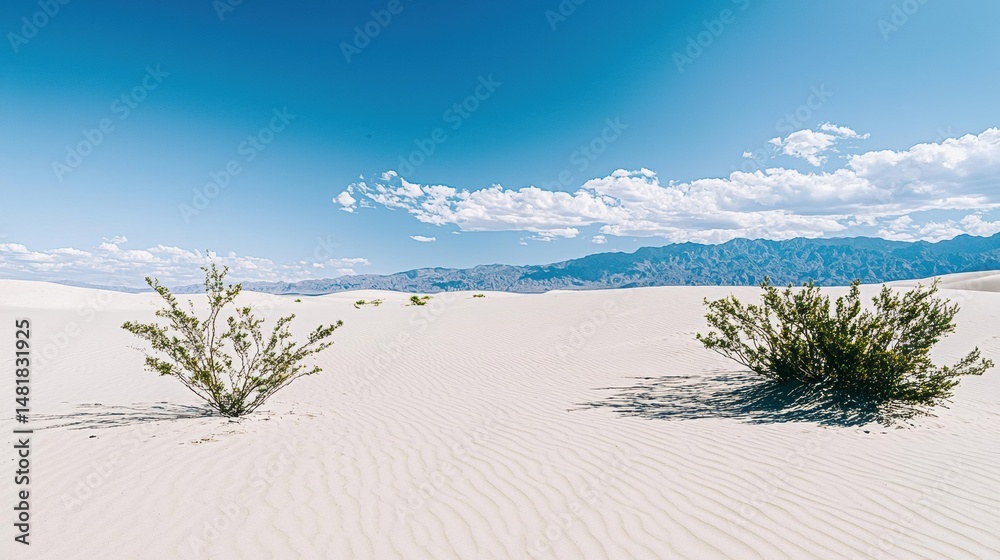 A desert landscape with two small bushes and a mountain range in the background. A desert landscape with two small bushes and a mountain range in the background.