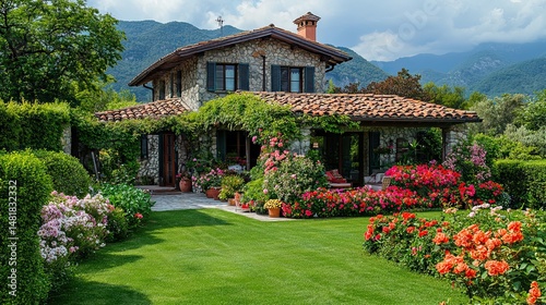 A beautiful house with a garden full of flowers.