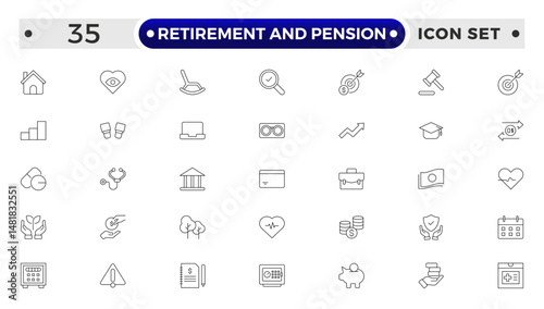 Retirement and pension outline icon set. Employee benefit stroke icons set. Related to teamwork, insurance, Bonus, pension, Security. Line icon collection.
