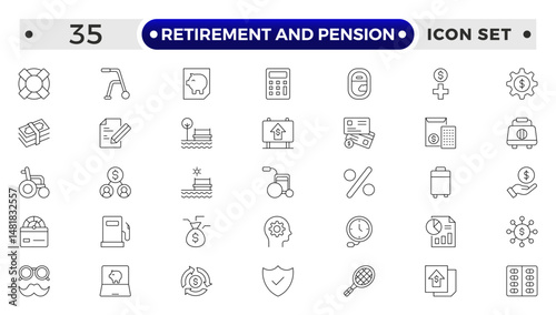 Retirement and pension outline icon set. Employee benefit stroke icons set. Related to teamwork, insurance, Bonus, pension, Security. Line icon collection.