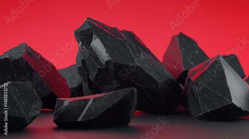 A collection of jagged, black rocks with rough surfaces and sharp edges, set against a vibrant red background.