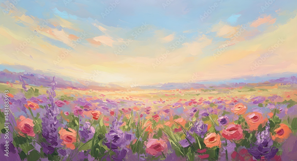 Fototapeta premium Painted Flower Field Landscape Under Soft Sky Scenery