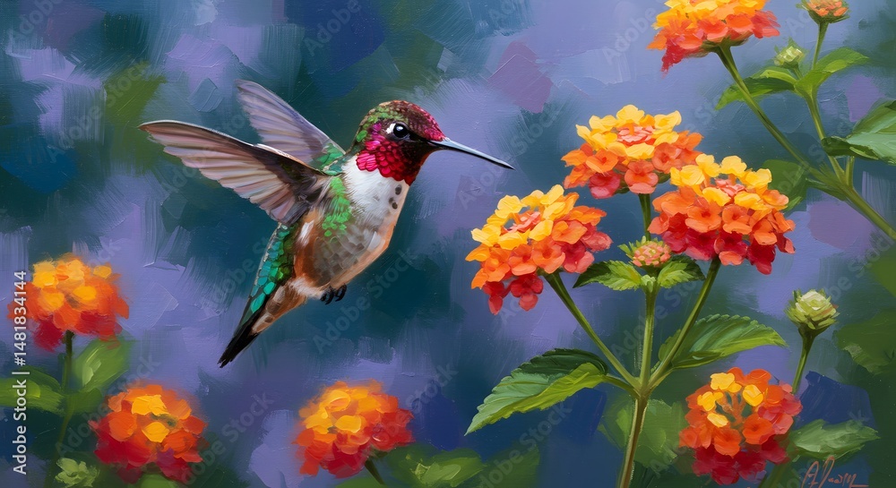 Fototapeta premium Hummingbird Flying Near Flowers in Garden Painting