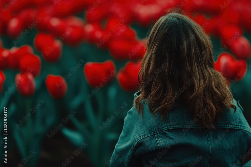 Naklejka premium Woman admiring a vibrant red tulip field