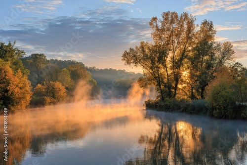 Golden Hour Reflections on the Serene River Landscape