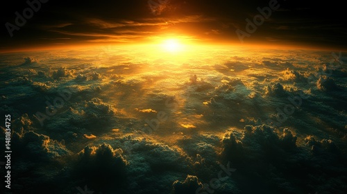 Dramatic celestial view of a sunrise over a vast cloud cover.