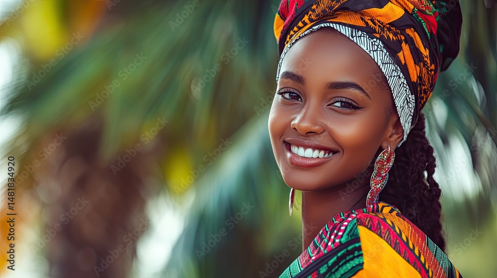 Fototapeta premium Radiant Smile Of A Woman In Traditional African Attire, Embodying Beauty And Cultural Pride.