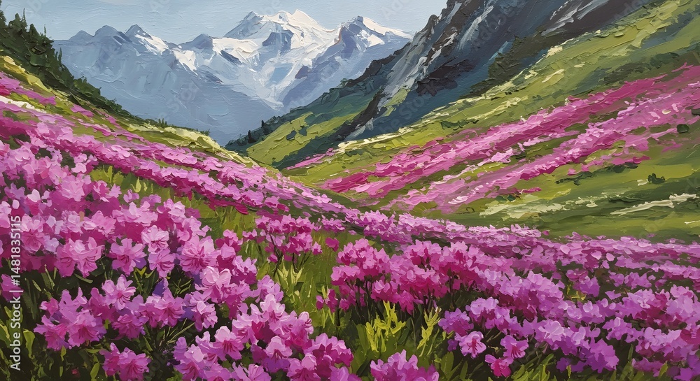 Fototapeta premium Flowering Meadow in Valley Leading to Snowy Mountain Peaks