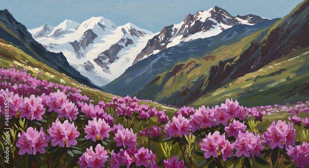 Fototapeta premium Mountain Valley with Blooming Flowers and Snow-capped Peaks Landscape