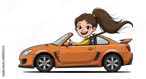 Girl driving sports car cartoon illustration