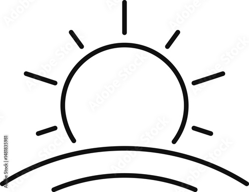 outline vector icons of farming and sun: tractor under sun, crops in rays, barn with sun, watering field, sunny weather for plants, plant growth chart, seedling icon, farm icon with sun. set of line