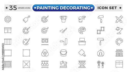 Painting Decorating outline icons. Set of Paint and decorating icon and painting tools. Color palette, Roller, Creative art brush, bucket. Editable stroke outline icon.
