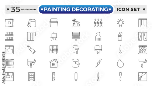 Painting Decorating outline icons. Set of Paint and decorating icon and painting tools. Color palette, Roller, Creative art brush, bucket. Editable stroke outline icon.
