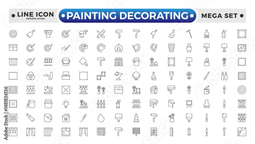 Painting Decorating outline icons. Set of Paint and decorating icon and painting tools. Color palette, Roller, Creative art brush, bucket. Editable stroke outline icon.

