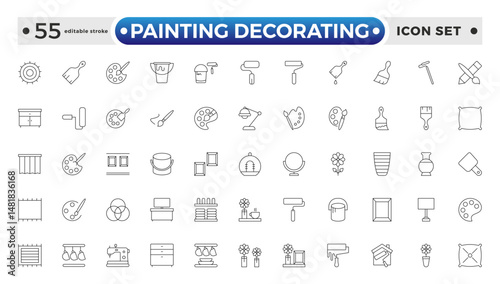 Painting Decorating outline icons. Set of Paint and decorating icon and painting tools. Color palette, Roller, Creative art brush, bucket. Editable stroke outline icon.
