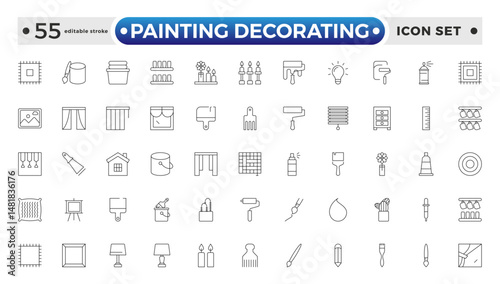 Painting Decorating outline icons. Set of Paint and decorating icon and painting tools. Color palette, Roller, Creative art brush, bucket. Editable stroke outline icon.
