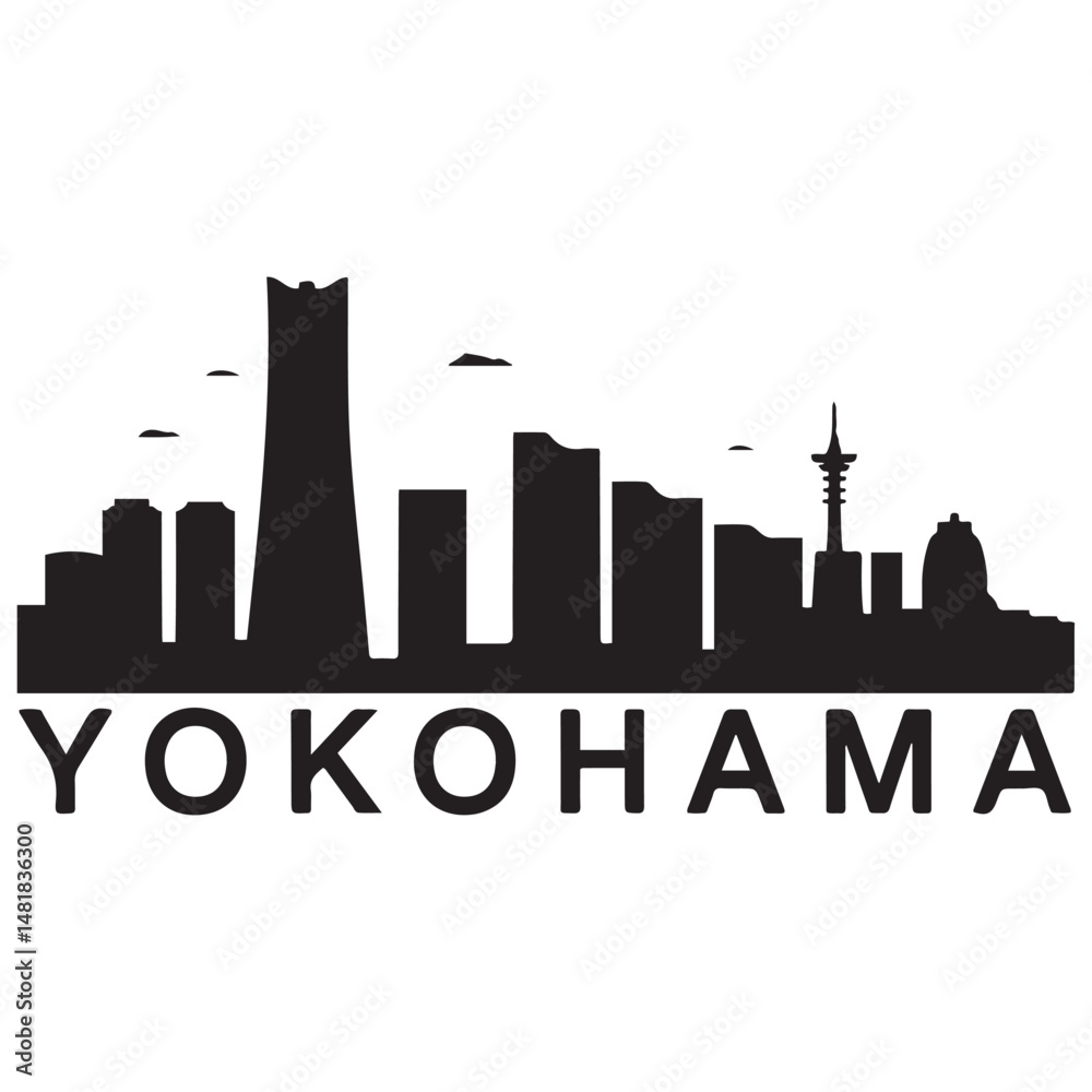 Naklejka premium Vector Yokohama skyline. Travel Yokohama famous landmarks. Business and tourism concept for presentation. Vector black silhouette. with white background