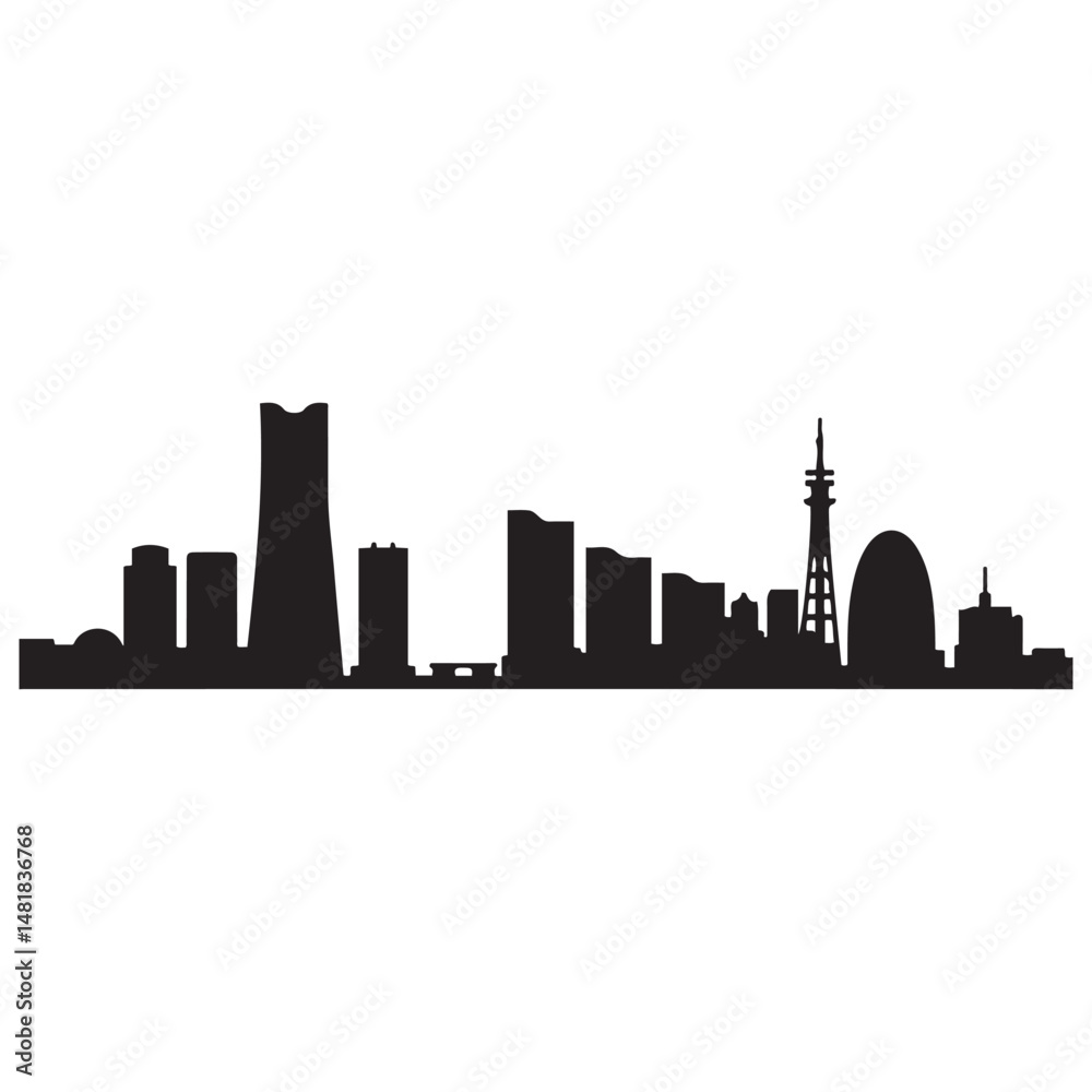 Obraz premium Vector Yokohama skyline. Travel Yokohama famous landmarks. Business and tourism concept for presentation. Vector black silhouette. with white background