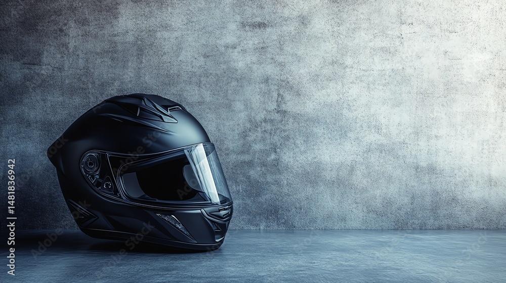 Fototapeta premium A motorcycle helmet rests on a gray concrete surface.