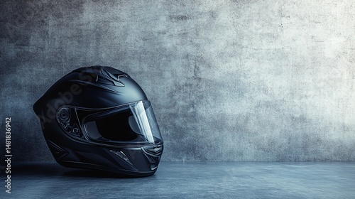 A motorcycle helmet rests on a gray concrete surface.