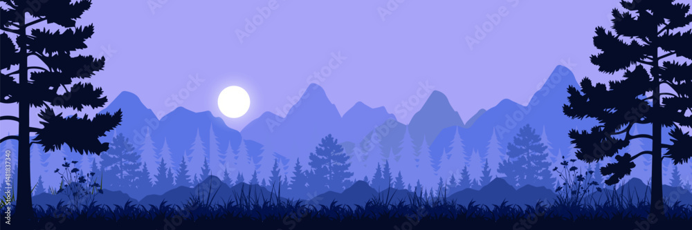 Fototapeta premium Jungle vector forest silhouette landscape, blue, purple, and orange tropical nature background,with leaves, grass, trees, and moon nature frame and copy space 