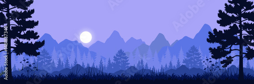 Jungle vector forest silhouette landscape, blue, purple, and orange tropical nature background,with leaves, grass, trees, and moon nature frame and copy space	