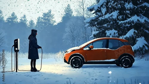 Woman charges her orange electric car in snowy winter landscape with snow-covered evergreens, clean energy and environmentally friendly transportation