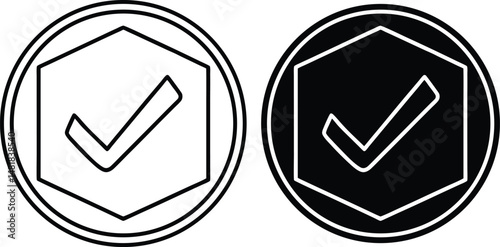 Vector graphic illustration of checkmark symbol inside hexagon and circle shapes