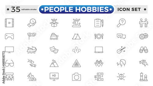 People Hobbies outline Icons set. Vector illustration in modern thin line style of human life-related icons: nutrition, entertainment, personal development, daily routine. Editable stroke outline icon
