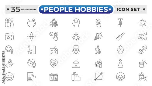 People Hobbies outline Icons set. Vector illustration in modern thin line style of human life-related icons: nutrition, entertainment, personal development, daily routine. Editable stroke outline icon