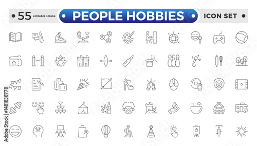 People Hobbies outline Icons set. Vector illustration in modern thin line style of human life-related icons: nutrition, entertainment, personal development, daily routine. Editable stroke outline icon