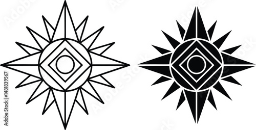 Geometric starburst designs in black and white with abstract symbolism and artistic flair