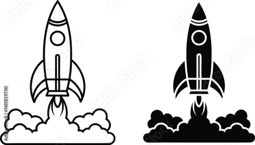 Vector illustration of a black and white rocket ship launching into space on white background